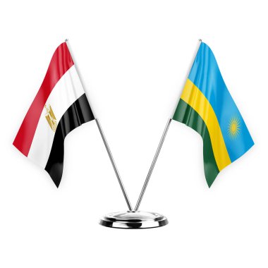 Two table flags isolated on white background 3d illustration, egypt and rwanda