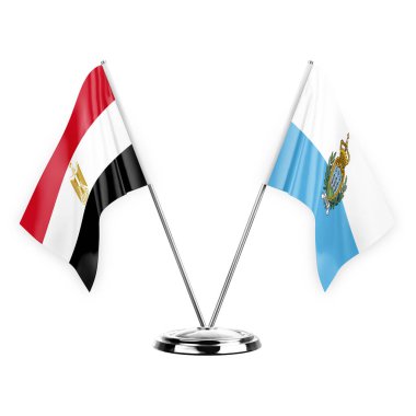 Two table flags isolated on white background 3d illustration, egypt and san marino