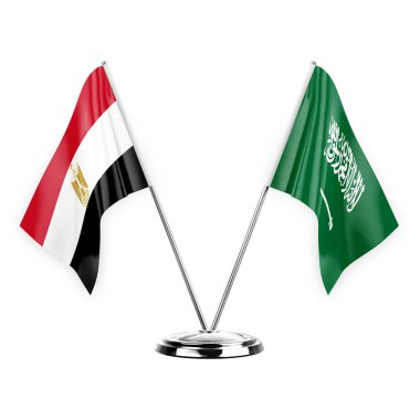 Two table flags isolated on white background 3d illustration, egypt and saudi arabia