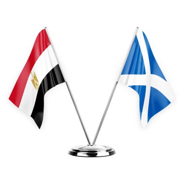 Two table flags isolated on white background 3d illustration, egypt and scotland