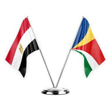 Two table flags isolated on white background 3d illustration, egypt and seychelles