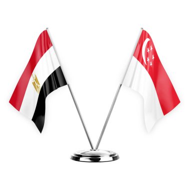 Two table flags isolated on white background 3d illustration, egypt and singapore