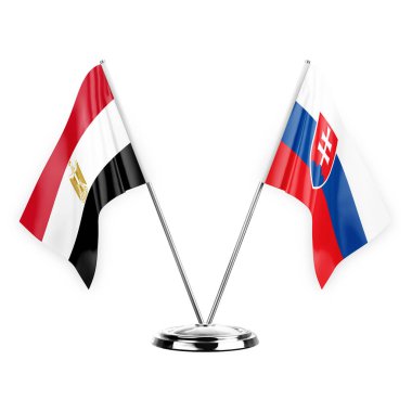 Two table flags isolated on white background 3d illustration, egypt and slovakia