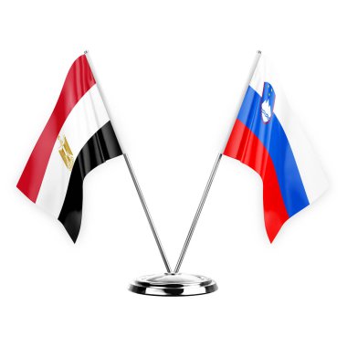 Two table flags isolated on white background 3d illustration, egypt and slovenia