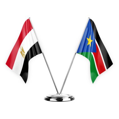 Two table flags isolated on white background 3d illustration, egypt and south sudan