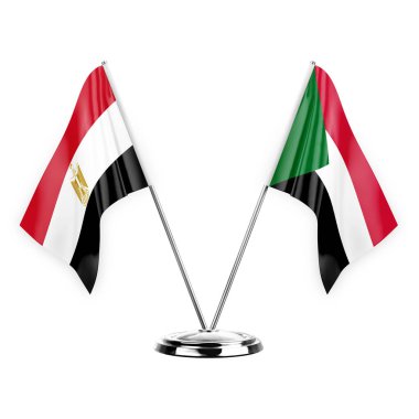 Two table flags isolated on white background 3d illustration, egypt and sudan