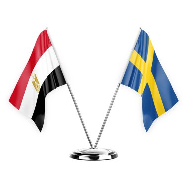 Two table flags isolated on white background 3d illustration, egypt and sweden