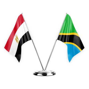 Two table flags isolated on white background 3d illustration, egypt and tanzania