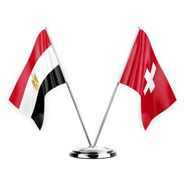Two table flags isolated on white background 3d illustration, egypt and switzerland