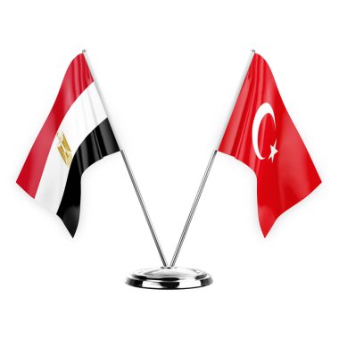 Two table flags isolated on white background 3d illustration, egypt and turkey