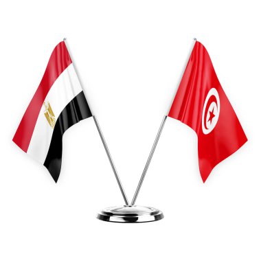 Two table flags isolated on white background 3d illustration, egypt and tunisia