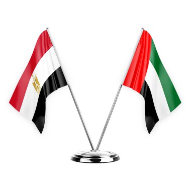 Two table flags isolated on white background 3d illustration, egypt and united arab emirates
