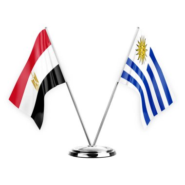 Two table flags isolated on white background 3d illustration, egypt and uruguay