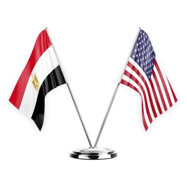 Two table flags isolated on white background 3d illustration, egypt and usa