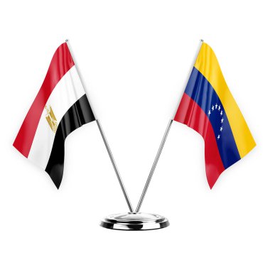 Two table flags isolated on white background 3d illustration, egypt and venezuela