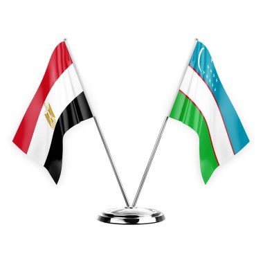 Two table flags isolated on white background 3d illustration, egypt and uzbekistan