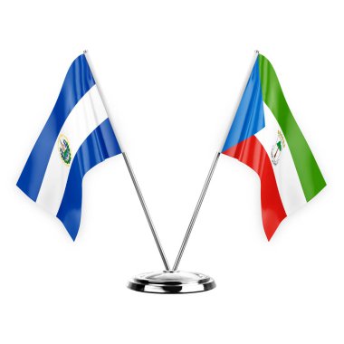 Two table flags isolated on white background 3d illustration, el salvador and equatorial guinea