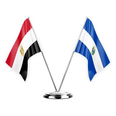 Two table flags isolated on white background 3d illustration, egypt and el salvador
