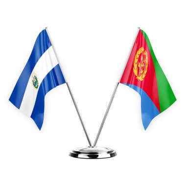 Two table flags isolated on white background 3d illustration, el salvador and eritrea