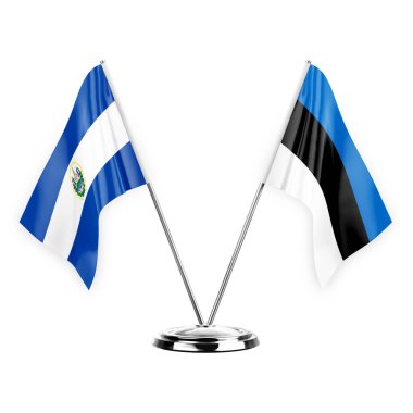 Two table flags isolated on white background 3d illustration, el salvador and estonia