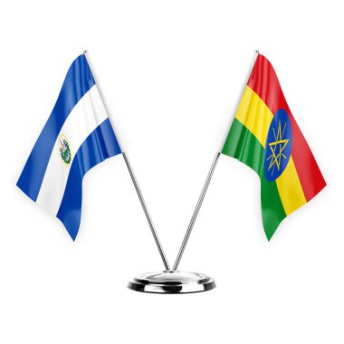 Two table flags isolated on white background 3d illustration, el salvador and ethiopia