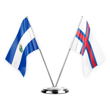 Two table flags isolated on white background 3d illustration, el salvador and faroe islands