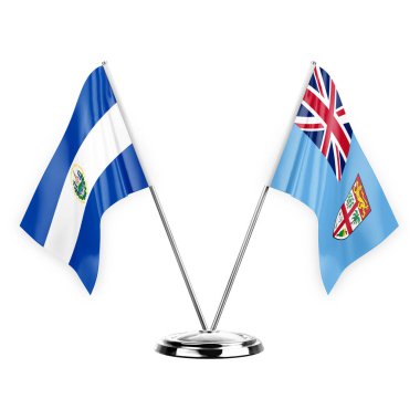 Two table flags isolated on white background 3d illustration, el salvador and fiji