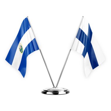 Two table flags isolated on white background 3d illustration, el salvador and finland