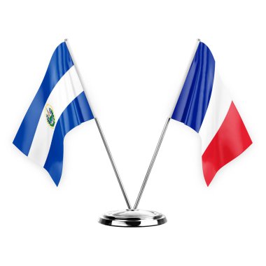 Two table flags isolated on white background 3d illustration, el salvador and france