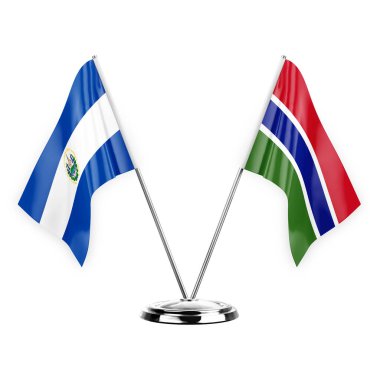 Two table flags isolated on white background 3d illustration, el salvador and gambia