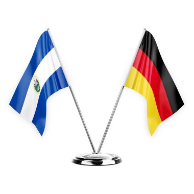Two table flags isolated on white background 3d illustration, el salvador and germany