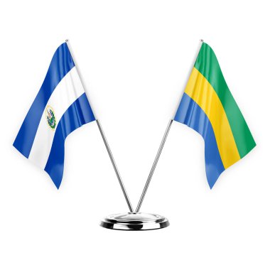 Two table flags isolated on white background 3d illustration, el salvador and gabon