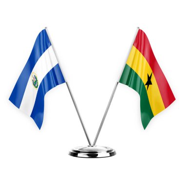 Two table flags isolated on white background 3d illustration, el salvador and ghana