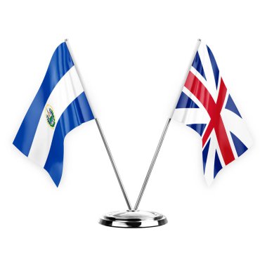 Two table flags isolated on white background 3d illustration, el salvador and britain