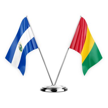 Two table flags isolated on white background 3d illustration, el salvador and guinea