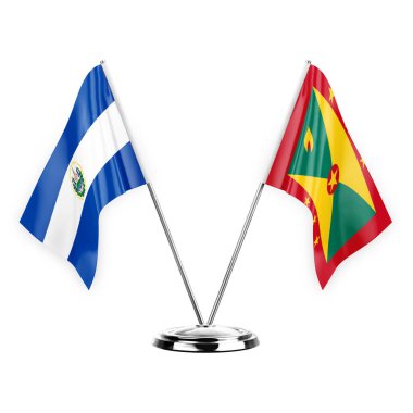 Two table flags isolated on white background 3d illustration, el salvador and grenada