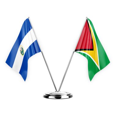 Two table flags isolated on white background 3d illustration, el salvador and guyana