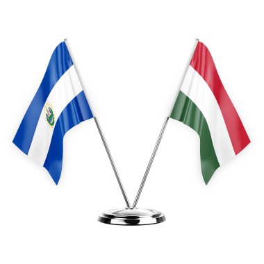 Two table flags isolated on white background 3d illustration, el salvador and hungary