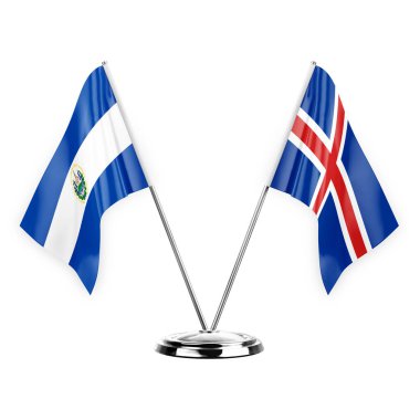 Two table flags isolated on white background 3d illustration, el salvador and iceland