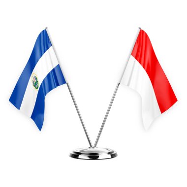 Two table flags isolated on white background 3d illustration, el salvador and indonesia