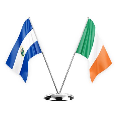Two table flags isolated on white background 3d illustration, el salvador and ireland