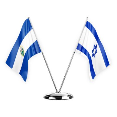 Two table flags isolated on white background 3d illustration, el salvador and israel