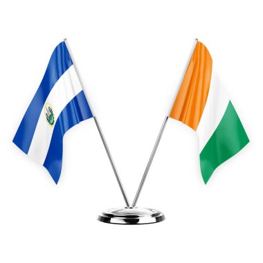 Two table flags isolated on white background 3d illustration, el salvador and ivory coast
