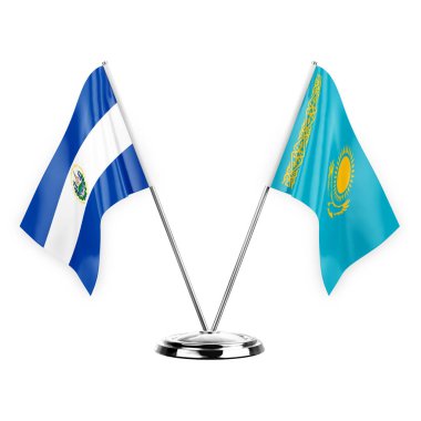 Two table flags isolated on white background 3d illustration, el salvador and kazakhstan