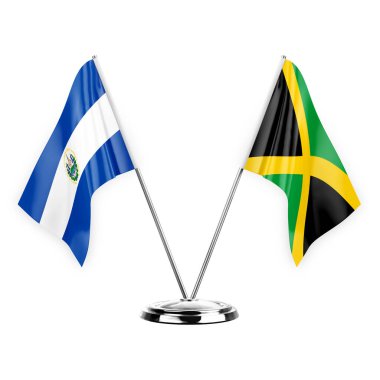 Two table flags isolated on white background 3d illustration, el salvador and jamaica