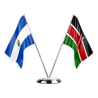 Two table flags isolated on white background 3d illustration, el salvador and kenya