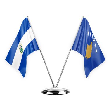 Two table flags isolated on white background 3d illustration, el salvador and kosovo