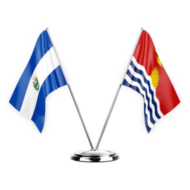 Two table flags isolated on white background 3d illustration, el salvador and kiribati