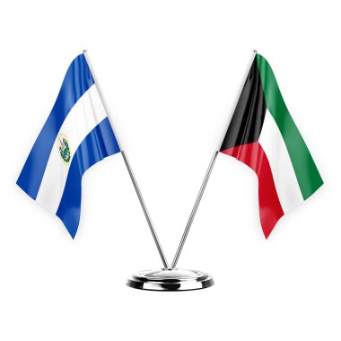 Two table flags isolated on white background 3d illustration, el salvador and kuwait