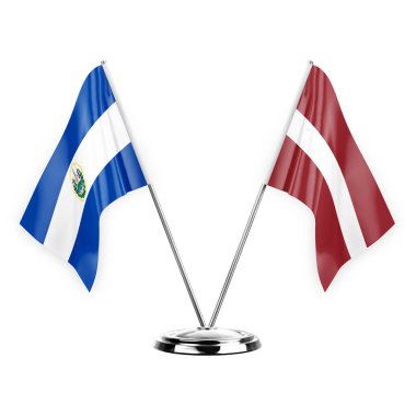 Two table flags isolated on white background 3d illustration, el salvador and latvia